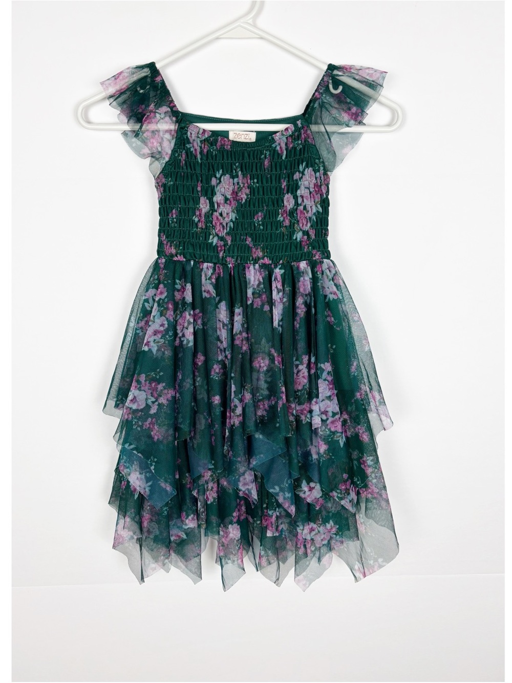 Zenzi Girls Green Floral Tulle Dress Smocked Whimsigoth Fairycore Tiered XS 4/5